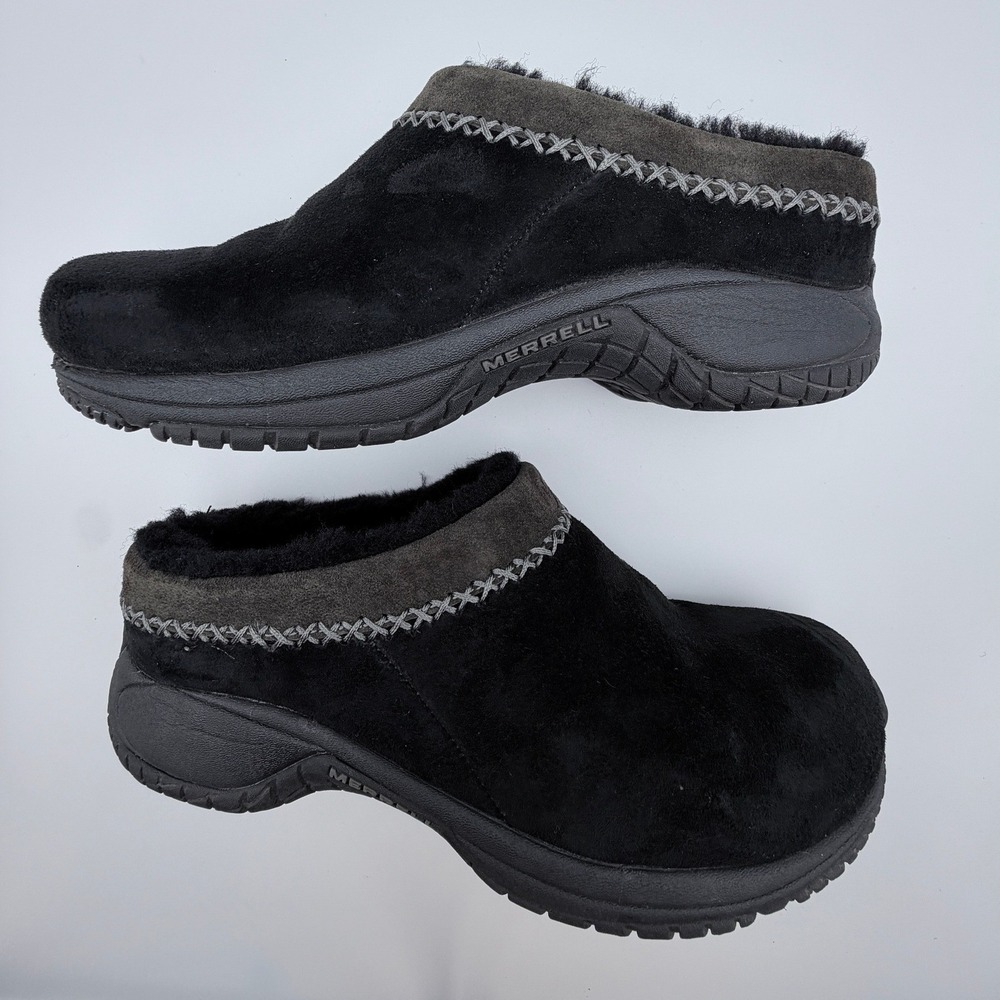 Merrell Encore Chill Stitch J66310 Womens 7 Black Suede Sheepskin Lined Clogs